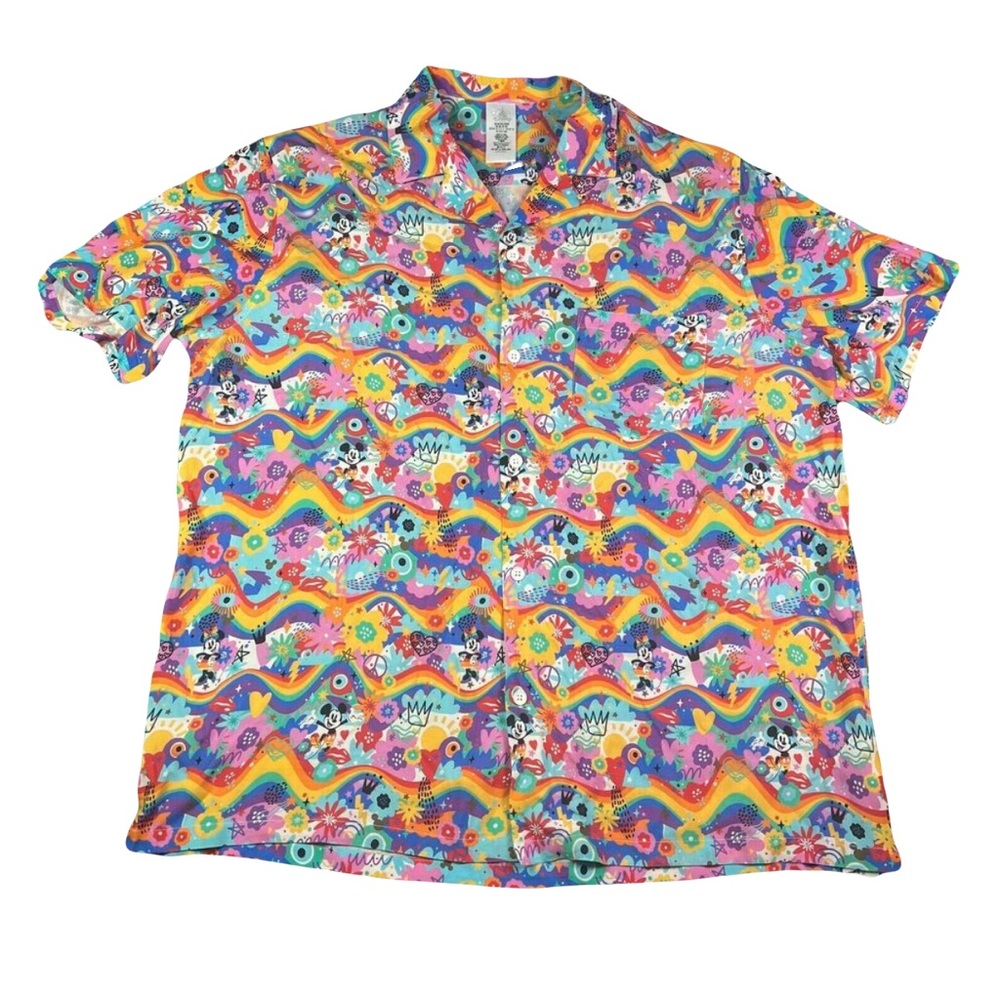 Disney Pride 2023 Camp Button Up Shirt Adult 2XL Multicolor Rainbow Mickey
